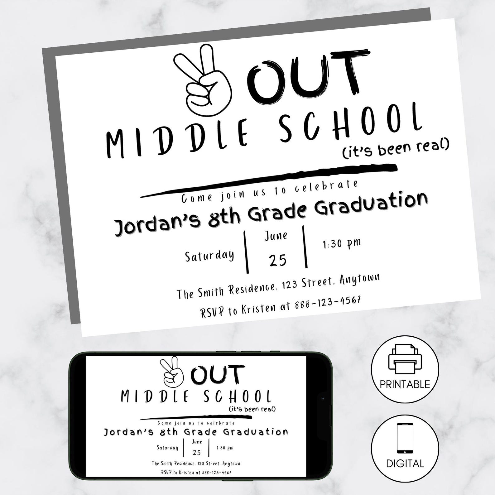 Grade R Invitation Card Middle School Graduation Invitation, Peace Out Middle School, Editable ...