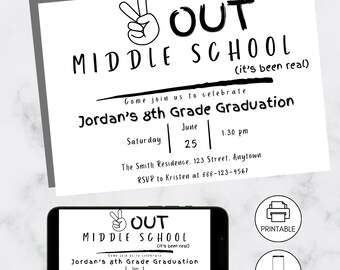 Middle School Graduation Invitation, Peace Out Middle School, Editable Party Invite, 8th Grade Grad, Instant Download, End of Year, Modern