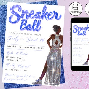 Sneaker Ball Birthday Party Invitation Blue Template, Instant Download, Kicks Celebration Gala Bash, Sweet 16, Tween Teen Invite Glitter