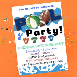 Football Pool Birthday Party Invitation Template, Sports Invite, Boy Girl Summer Swimming Bday Invite, Instant Download, Canva, Jerseys