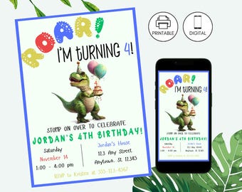 Roar I'm Four Dinosaur Birthday Party Invitation Template, T-Rex Invite, Instant Download, Dino 4th Bday, Editable, Boy Girl, Balloon Cake 4