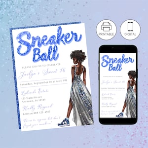 Sneaker Ball Birthday Party Invitation Blue Template, Instant Download, Kicks Celebration Gala Bash, Sweet 16, Tween Teen Invite Glitter 4