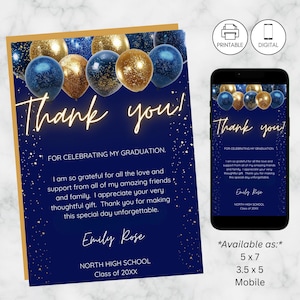 Abschlussfeier Foto Danke Kartenvorlage, Blau & Gold, College High School bestanden, sofortiger Download, bearbeitbar personalisiert druckbar