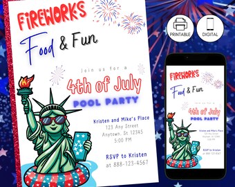 4th of July Pool Party Invitation, Patriotic Red White Blue Independence Day Swim Invite, Liberty BBQ Celebration, Instant Download Editable