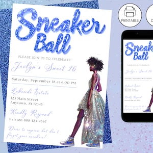 Sneaker Ball Birthday Party Invitation Template Blue, Instant Download, Kicks Celebration Gala Bash, Sweet 16, Tween Teen Invite Glitter 3