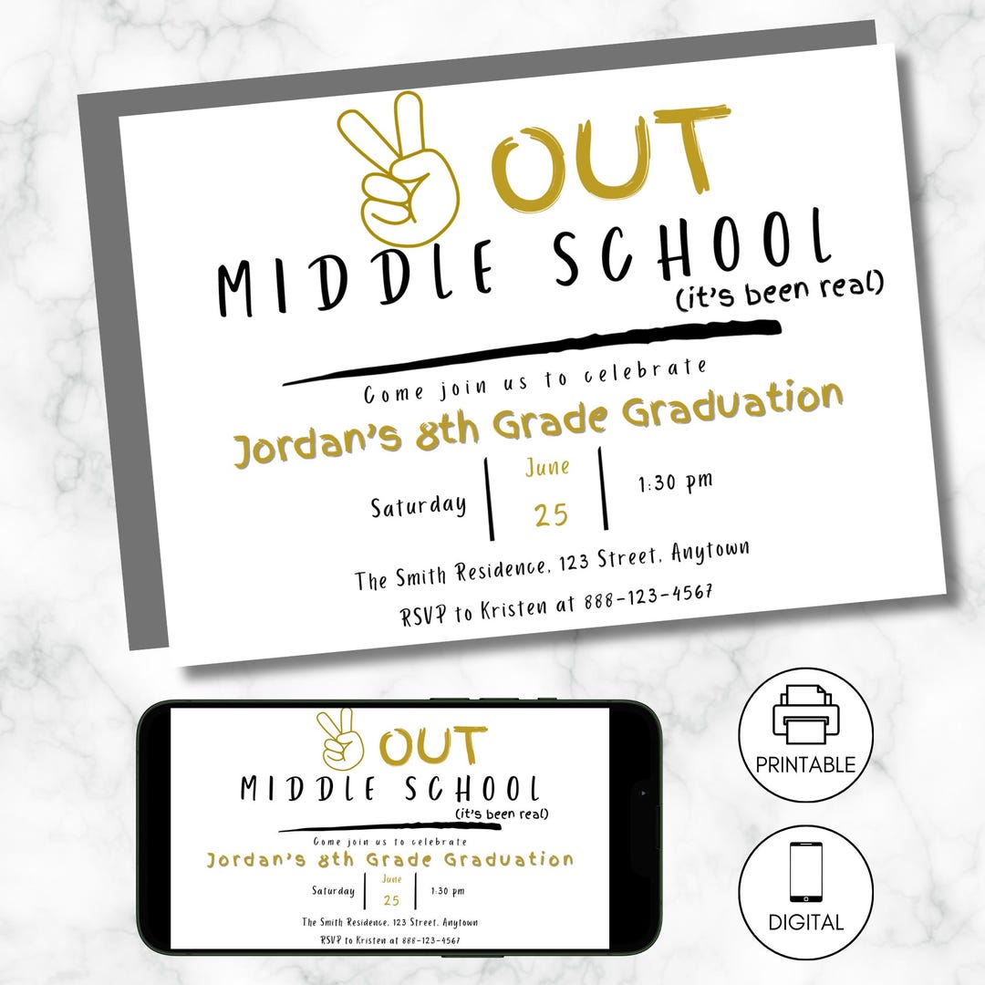 Grade R Invitation Card Middle School Graduation Invitation, Peace Out Middle School, Editable ...