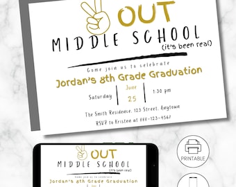 Middle School Graduation Invitation, Peace Out Middle School, Editable Party Invite, 8th Grade Grad, Instant Download, End of Year, Gold