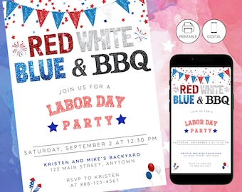 Labor Day Party Glitter Invitation, Patriotic Red White & Blue Labor Day BBQ Invite, Barbeque Cookout Grilling Celebration, Editable