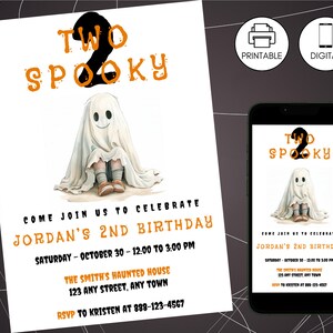 Two Spooky Birthday Invitation Template, Ghost Spooktacular, Girl Boy 2nd Bday, Halloween 2nd Birthday Party Invite, Instant Download, Edit