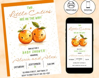 Two Little Cuties Twins Baby Shower Invitation Template, Clementine Party Invite, Instant Download, Two Girls, Orange, Editable Printable
