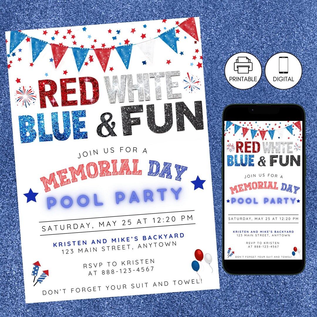 Memorial Day Pool Party Glitter Invitation, Patriotic Red White Blue ...