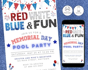 Memorial Day Pool Party Glitter Invitation, Patriotic Red White Blue Memorial Day Swim Invite, BBQ Cookout Celebration, Edit, Printable, Fun