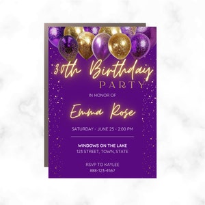 Glitter Balloon Birthday Party Invitation Template with Photo Template, Bday Invite, Purple & Gold, Instant Download, Any Age, Surprise