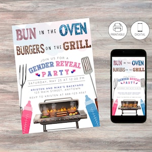 Bun In The Oven Burgers On Grill, Backyard Gender Reveal Party Invitation, Baby-Q Gender Neutral Coed Couple&#39;s Baby Shower Barbeque Invite