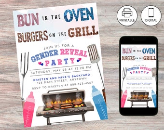 Brötchen im Ofen, Burger auf dem Grill, Party-Einladung zur Geschlechtsoffenbarung im Hinterhof, Baby-Q-Gender-Babyparty-Barbeque-Einladung für geschlechtsneutrale gemischte Paare