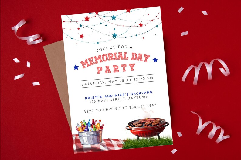Memorial Day BBQ Party Invitation, Patriotic Red White & Blue Memorial ...