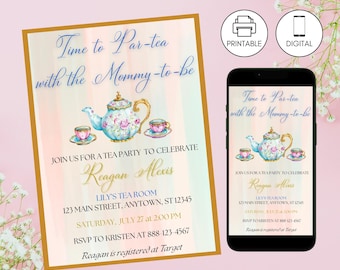 Zeit für Tee mit Mama, Einladung Vorlage, Floral High Nachmittagstee für Mama einladen, Sofort-Download, Baby-Dusche, blau Junge 2