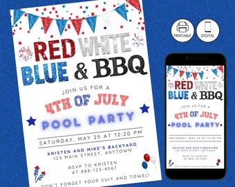 4th of July Pool Party Glitter Invitation Template, Patriotic Red White Blue Swim Invite, BBQ Cookout Celebration, Instant Download, Fourth