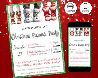 Christmas Pajama Party Invitation Template, Kid Holiday PJ Invite, Instant Download, Comfy Cozy Slippers, Green Red Glitter, Festive Stars