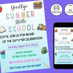 Back to School Bash Party Invitation, Goodbye Summer Hello School,  Kid End of Summer Celebration Invite, Instant Download, Digital Invite