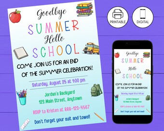 Back to School Bash Party Invitation, Goodbye Summer Hello School,  Kid End of Summer Celebration Invite, Instant Download, Digital Invite