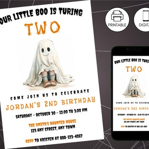 Two Spooky Birthday Invitation Template, Ghost Spooktacular, Girl Boy 2nd Bday, Halloween Party Invite, Little Boo Turn 2, Instant Download