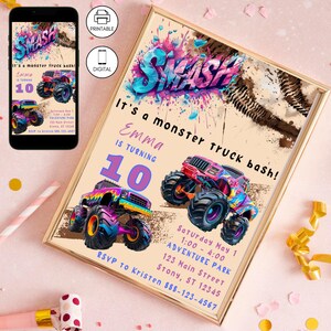 Monster Truck Girls Birthday Invitation Template, Personalized Girl Boy Celebration Bday Invite, Instant Download, Pink Purple Blue, Smash