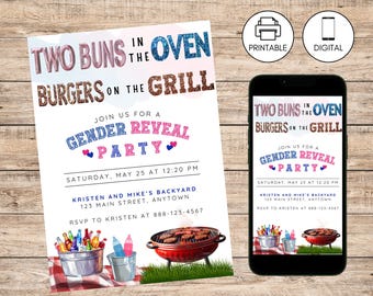 Brötchen im Ofen Burger auf dem Grill, Zwillinge Hinterhof Co-Ed Baby Shower Party einladen, Baby-Q Gender Reveal, Jack Jill Barbeque