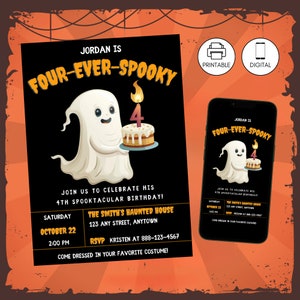 Halloween vier je gruselige Geburtstagsfeier-Einladung Vorlage, bearbeitbarer 4th Bday Geist einladen Druck, sofortiger Download, Kuchenkerze Oktober B
