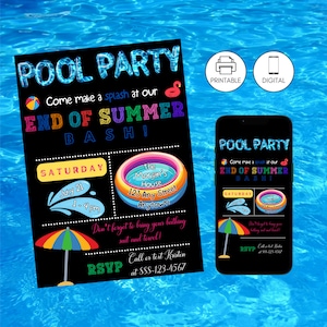End of Summer Goodbye Pool Party Bash Kids Invitation Template, Back to School Swim Party, Hello School Celebration Invite, Instant Download
