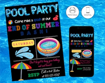 Plantilla de invitación para fiesta en la piscina de despedida de fin de verano para niños, fiesta de natación de regreso a la escuela, invitación de celebración de bienvenida a la escuela, descarga instantánea
