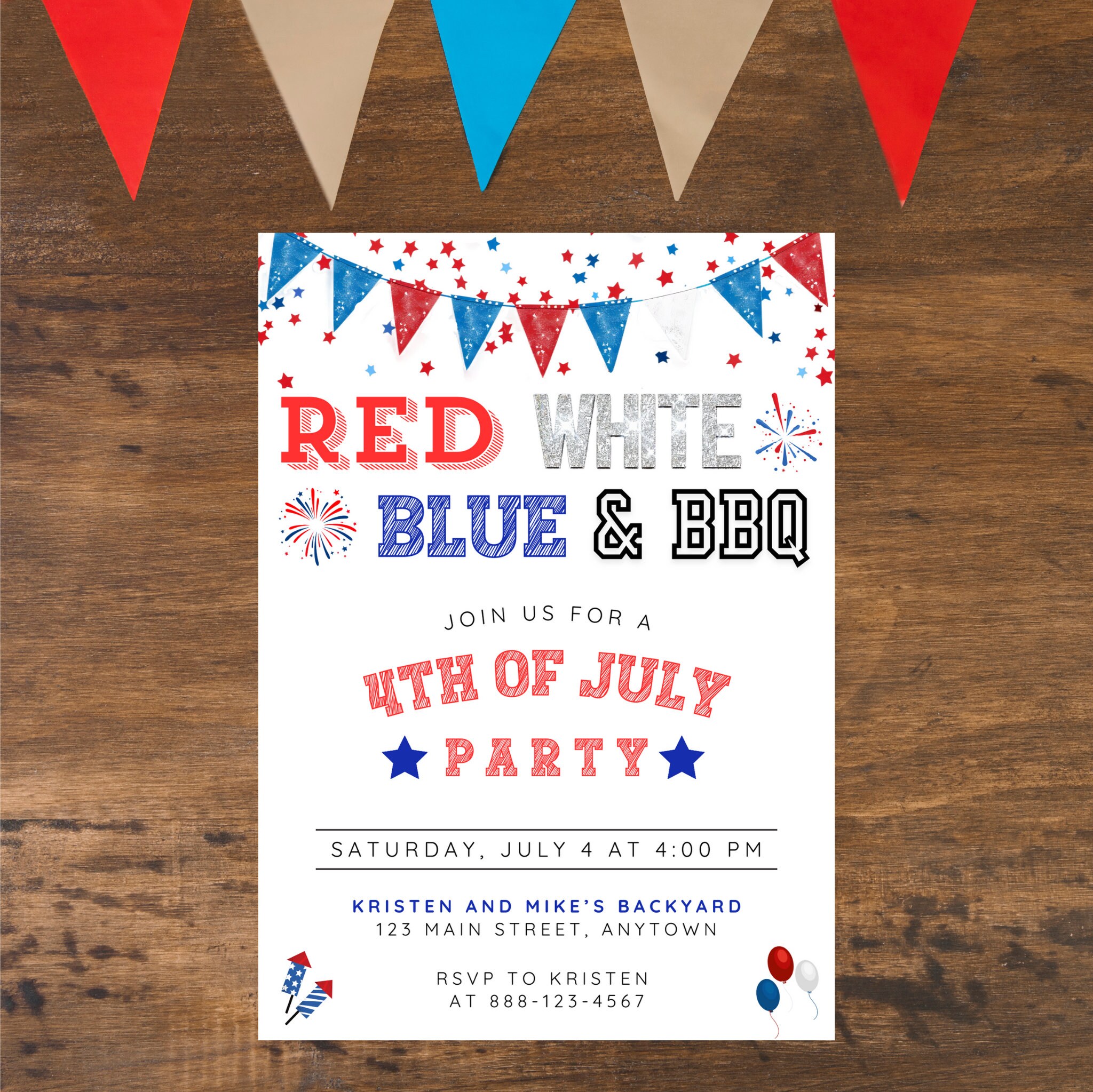 4th of July BBQ Party Invitation Template, Patriotic Red White Blue ...