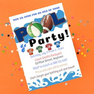 End Of Season Football Team Pool Party Invitation Template, BBQ Celebration Invite, Instant Download, School Ball, Run Kick on Over, Swim