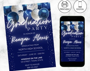 Convite de formatura azul e branco | Anúncio de formatura | Convites para festa de formatura | Download instantâneo | Convite com foto | Ensino médio e faculdade