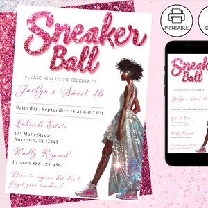 Plantilla de invitación para fiesta de cumpleaños con pelota de tenis en color rosa, descarga instantánea, fiesta de gala de celebración de quince años, invitación para adolescentes con purpurina 6