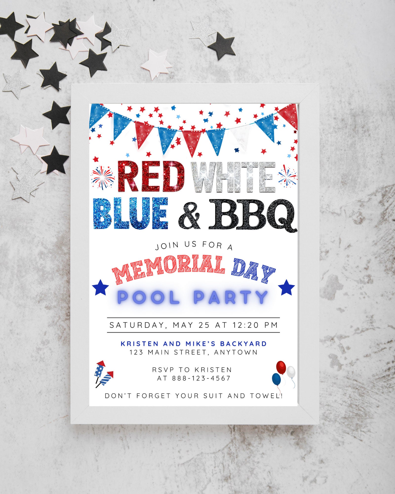 Memorial Day Pool Party Glitter Invitation, Patriotic Red White Blue ...