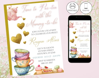 Time for Tea with Mommy To Be Einladung Vorlage, Floral High Nachmittagstee für Mama einladen, Sofort Download, Baby-Dusche, rosa Mädchen 3
