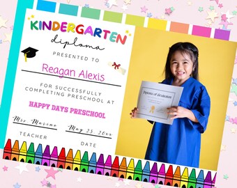 Kindergarten Graduation Diploma Photo Certificate, Editable Teacher Resources, Grad Rainbow Printable, Instand Download, Girl s Last Day