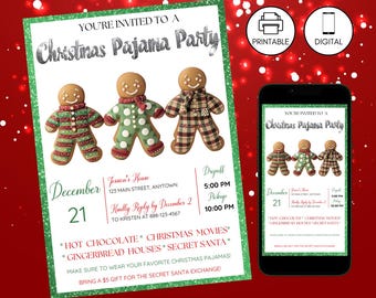 Christmas Pajama Party Invitation Template, Kid Holiday PJ Invite, Instant Download, Comfy Cozy Slipper Green Red Glitter, Gingerbread Man 3