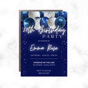 Glitter Balloon Birthday Party Invitation with Photo Template, Bday Invite, Blue & White, Instant Download, Any Age, Editable, Surprise
