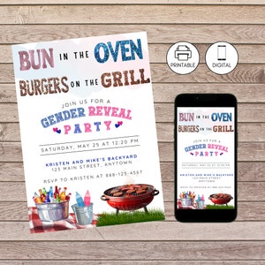 Bun In The Oven Burgers On Grill, Backyard Gender Reveal Party Invite, Baby-Q Gender Neutral Coed Couple&#39;s Baby Shower Barbeque Invitation