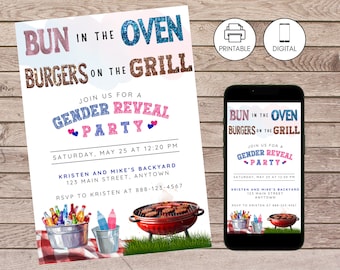 Brötchen im Ofen Burger auf dem Grill, Backyard Gender Reveal Party einladen, Baby-Q geschlechtsneutrale Coed Paar Baby Shower Barbeque Einladung
