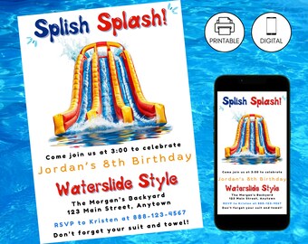 Könnte beinhalten: Eine druckbare oder digitale Einladung zu einem 8. Geburtstag. Die Einladung zeigt eine bunte Wasserrutsche mit dem Text "Splish Splash!" und "Kommen Sie um 15:00 Uhr, um Jordans 8. Geburtstag im Wasserrutschen-Stil zu feiern". Die Einladung enthält auch die Adresse und RSVP-Informationen.