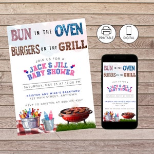 Bun In The Oven Burgers On Grill, Backyard Baby Shower Party Invite, Baby-Q Gender Neutral Coed Couple&#39;s Jack & Jill Barbeque Invitation