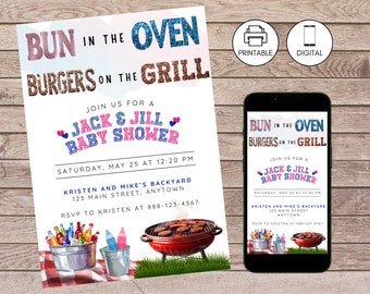 オーブンで焼くバンズバーガー、裏庭でのベビーシャワーパーティーの招待状、Baby-Q 男女混合カップルのジャック＆ジルバーベキュー招待状