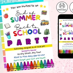 End of Summer Back to School Bash Party Invitation, Goodbye Summer Hello School Celebration Kids Invite, Instant Download, Digital Invite,