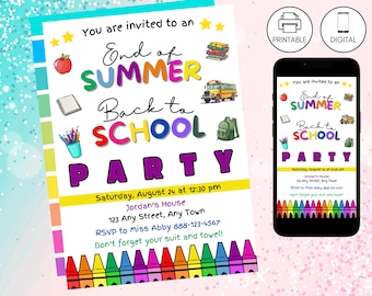 Inbjudan till skolstartsfest för sommaren, adjö sommar hej skolfest för barn, digital inbjudan till nedladdning direkt.