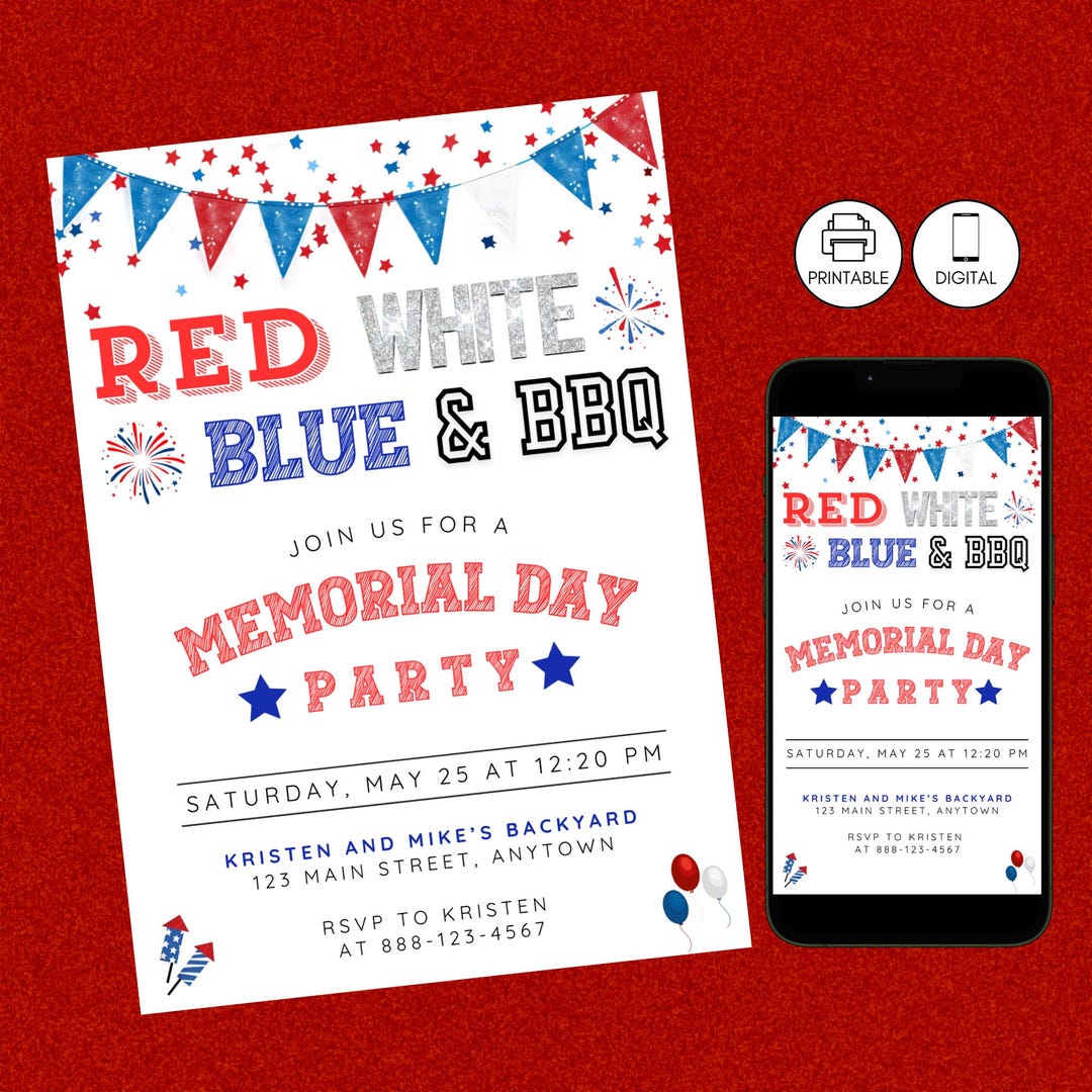 Memorial Day BBQ Party Invitation Template, Patriotic Red White Blue ...