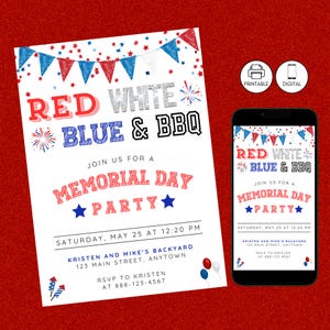 Memorial Day BBQ Party Invitation Template, Patriotic Red White Blue Invite, Barbeque Cookout Celebration, Edit Printable, Instant Download