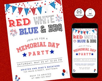 Memorial Day BBQ Party Invitation Template, Patriotic Red White Blue Invite, Barbeque Cookout Celebration, Edit Printable, Instant Download